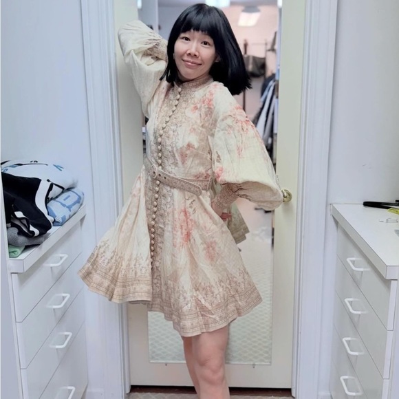 NWOT Zimmermann Floral Beige Belted Linen Mini Dress, Size AU 2 = M - Picture 2 of 2